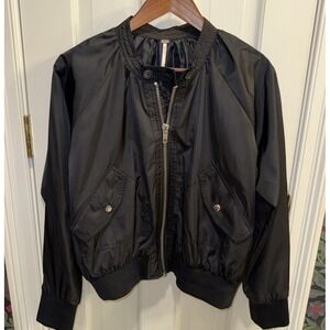 Free People Midnight Bomber Jacket Size Medium Black Satin